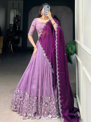 Pleasant Lavender Hotfix Embroidered Organza Wedding Wear Lehenga Choli - Ethnic Plus In
