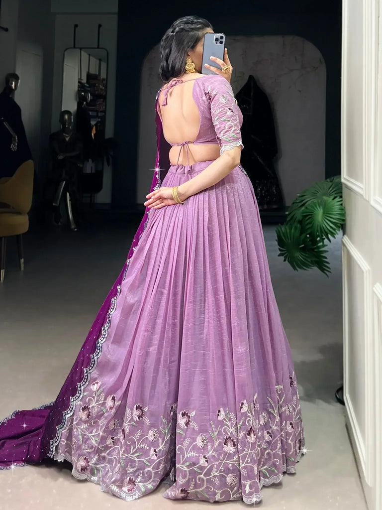Pleasant Lavender Hotfix Embroidered Organza Wedding Wear Lehenga Choli - Ethnic Plus In