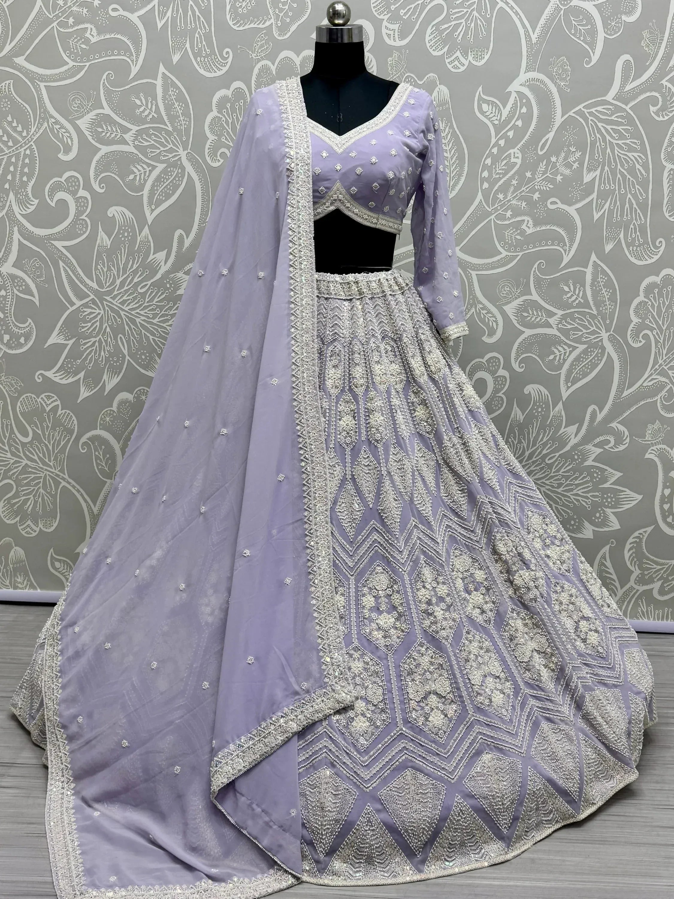 Lavender designer lehenga choli with silver embroidery and dupatta, ethnic Indian wear