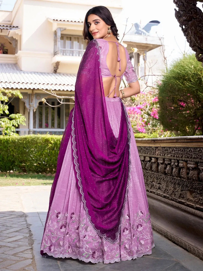 Pleasant Lavender Thread Work Organza Lehenga Choli With Dupatta - Ethnic Plus In