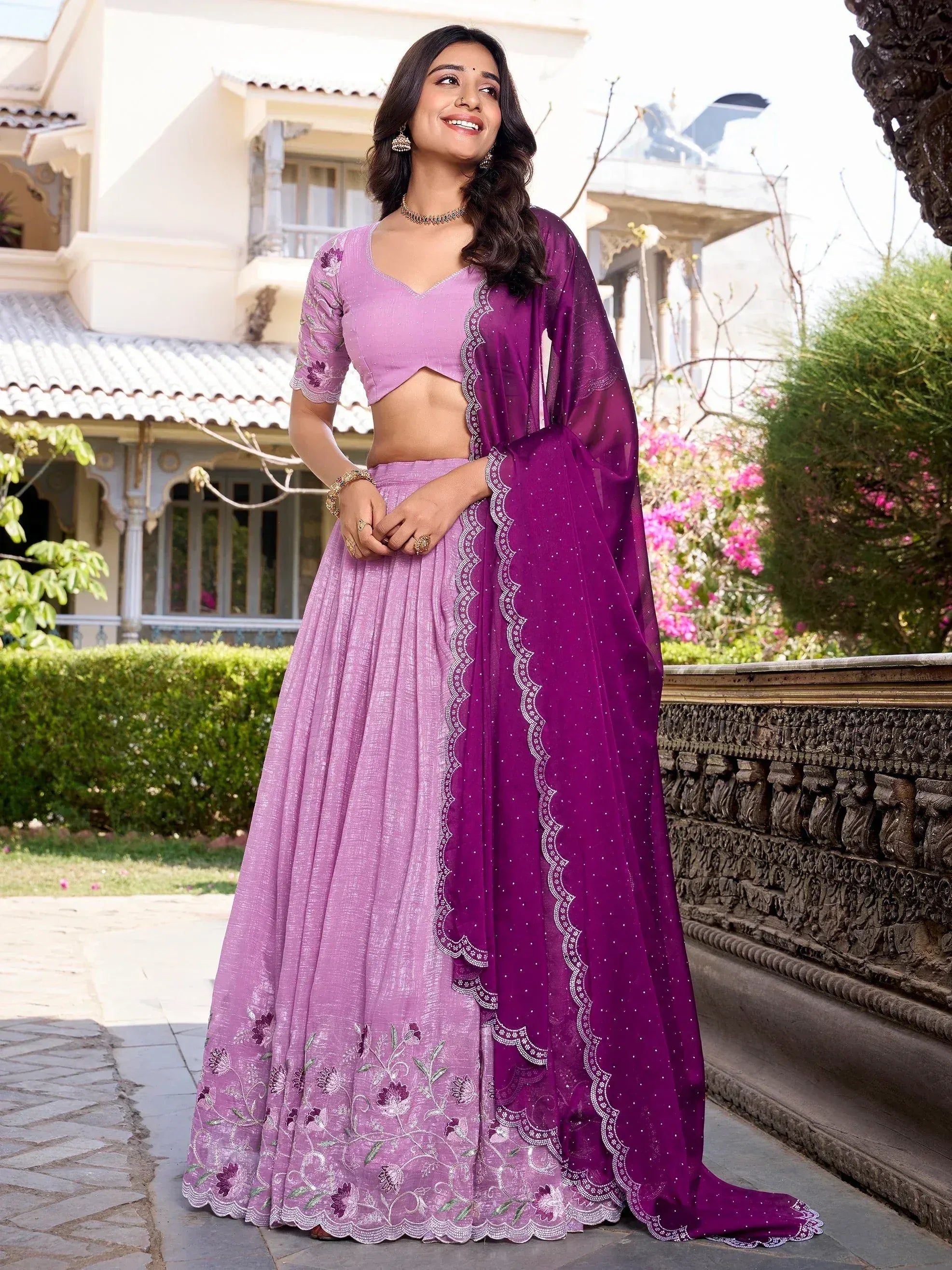 Purple embroidered lehenga choli with matching dupatta, ideal for Indian ethnic wear occasions