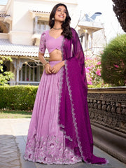 Pleasant Lavender Thread Work Organza Lehenga Choli With Dupatta - Ethnic Plus In