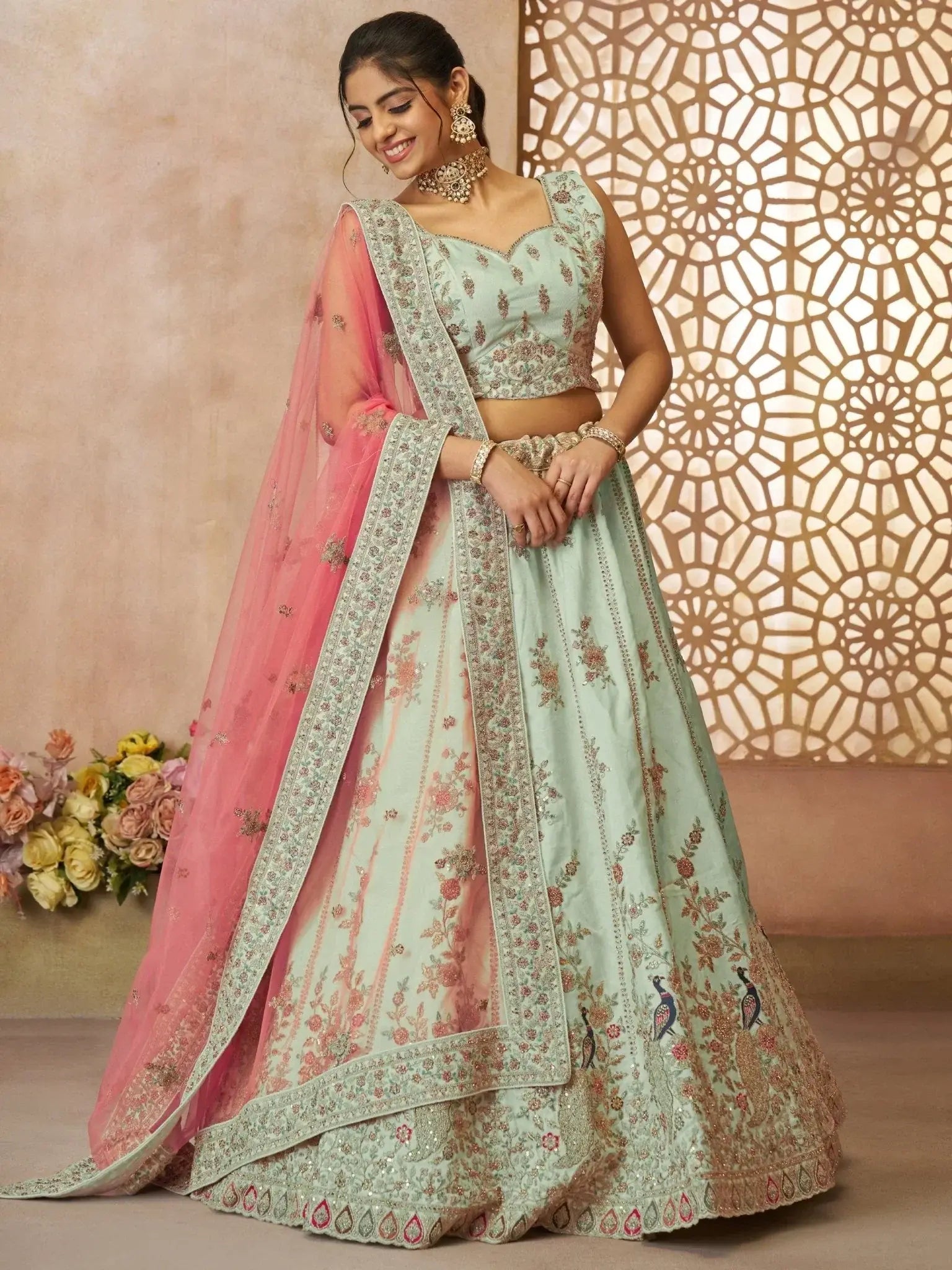 Pleasant Pista Green Sequins Silk Mehendi Wear Lehenga Choli With Dupatta - Ethnic Plus In