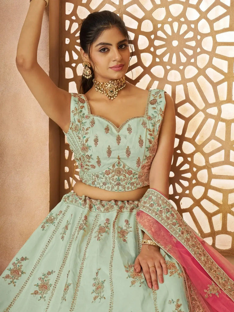 Pleasant Pista Green Sequins Silk Mehendi Wear Lehenga Choli With Dupatta - Ethnic Plus In