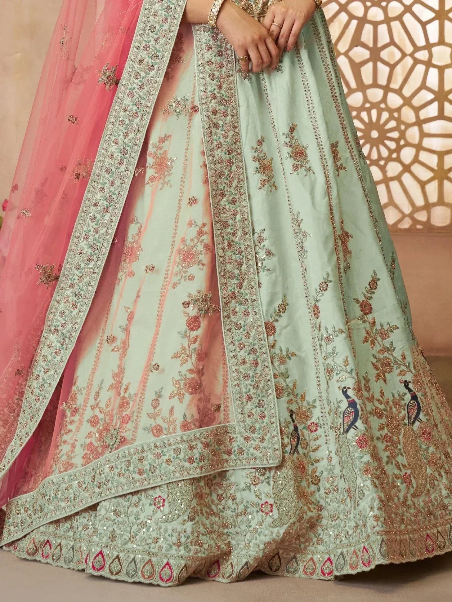 Mint green lehenga with pink dupatta, floral and peacock embroidery, Indian ethnic wear