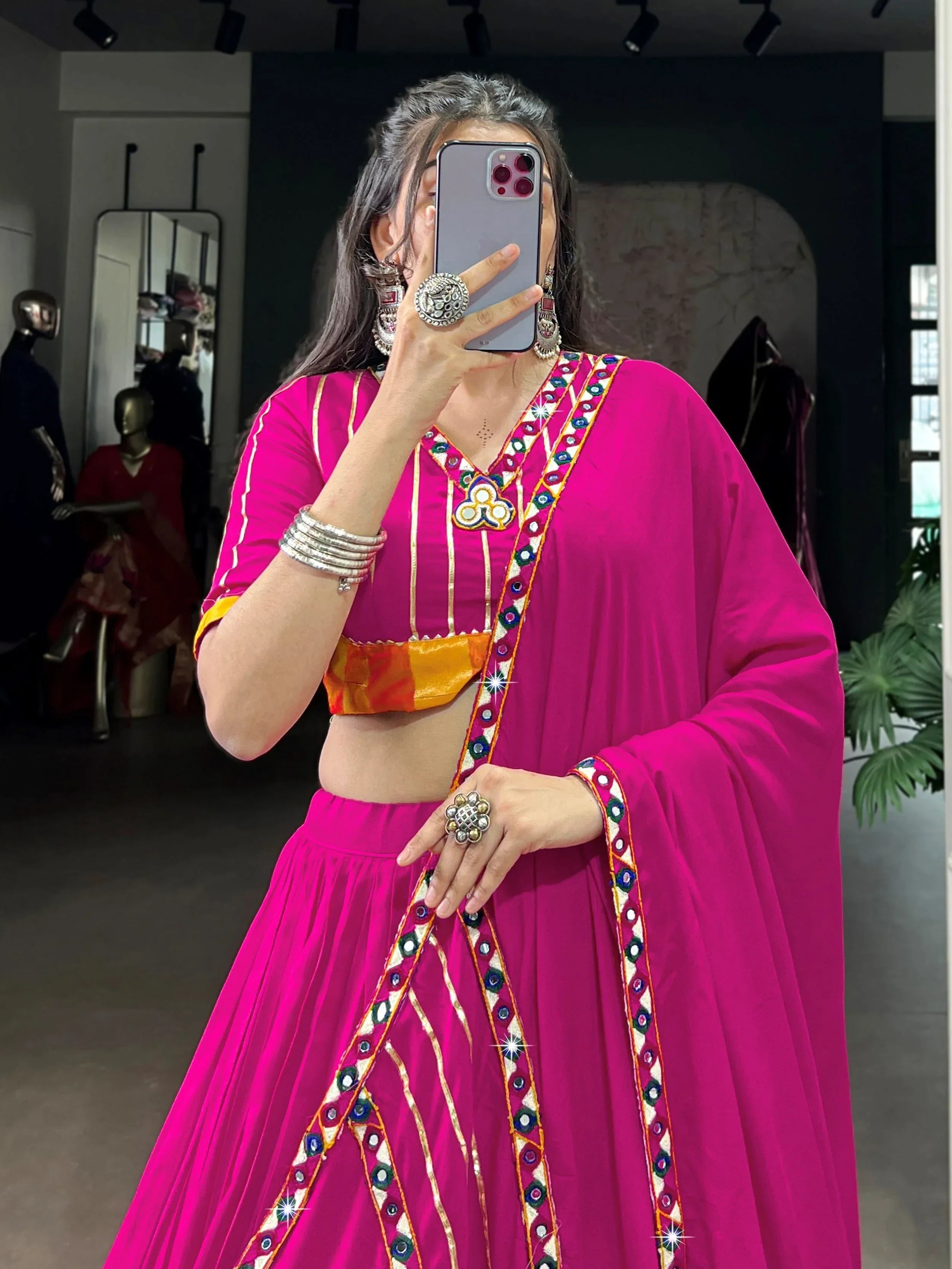Dazzling Pink Rayon Gamthi Work Lehenga Choli With Dupatta