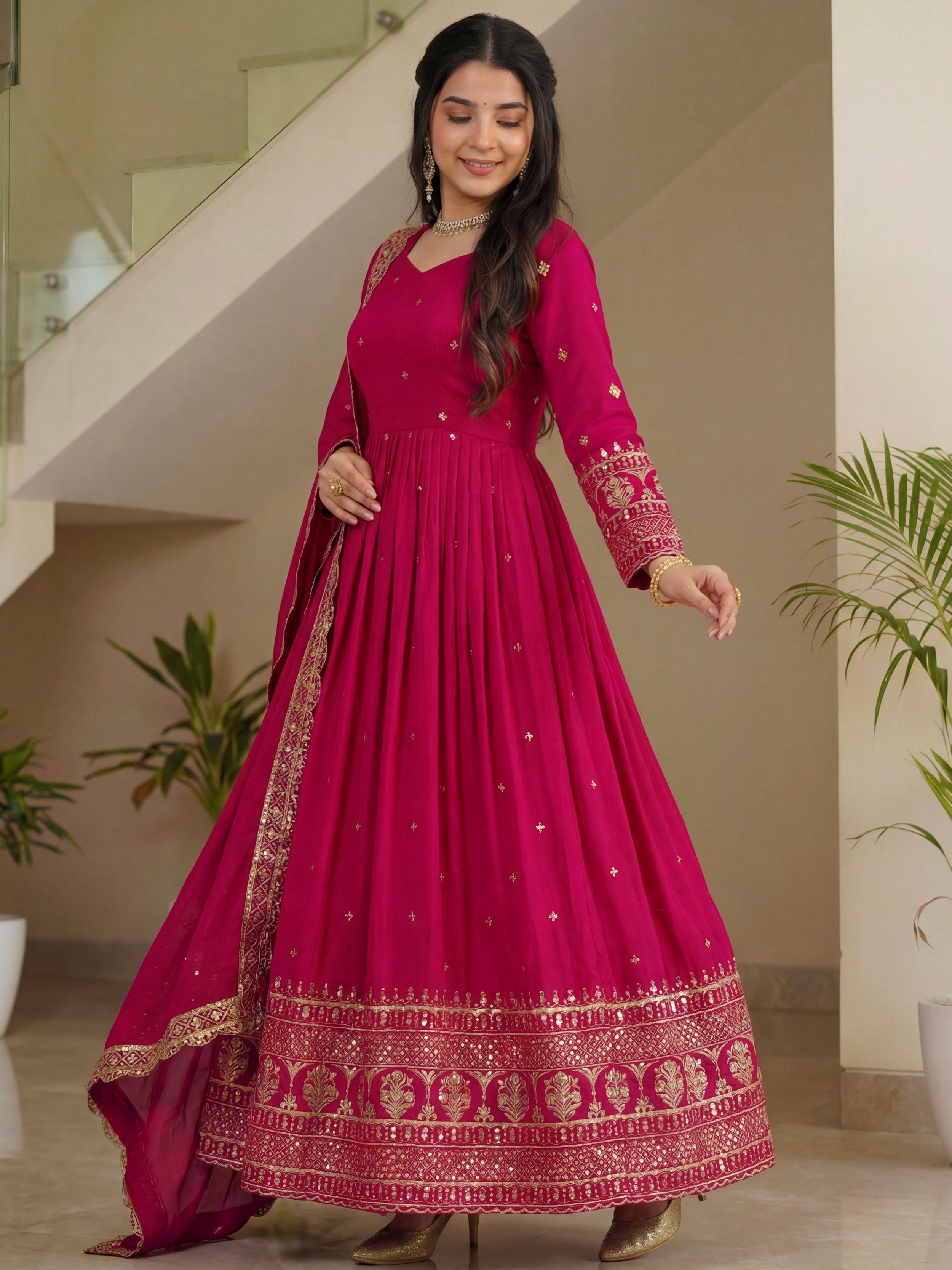 Impressive Pink Embroidered Silk Festive Wear Gown With Dupatta 