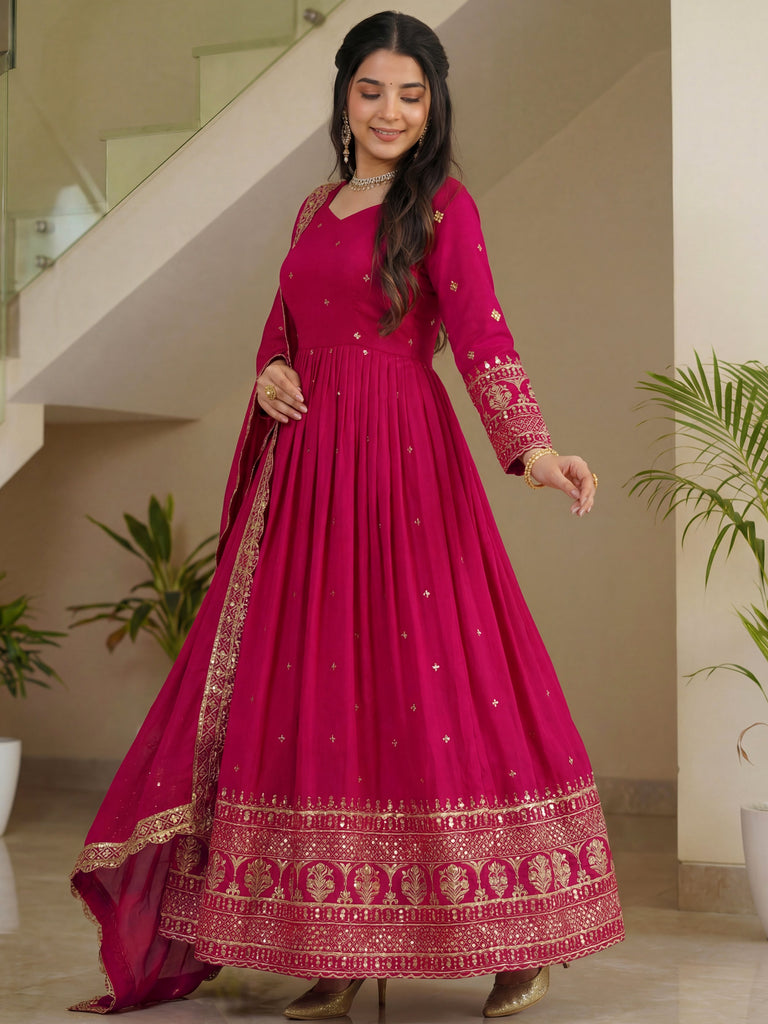 Impressive Pink Embroidered Silk Festive Wear Gown With Dupatta 