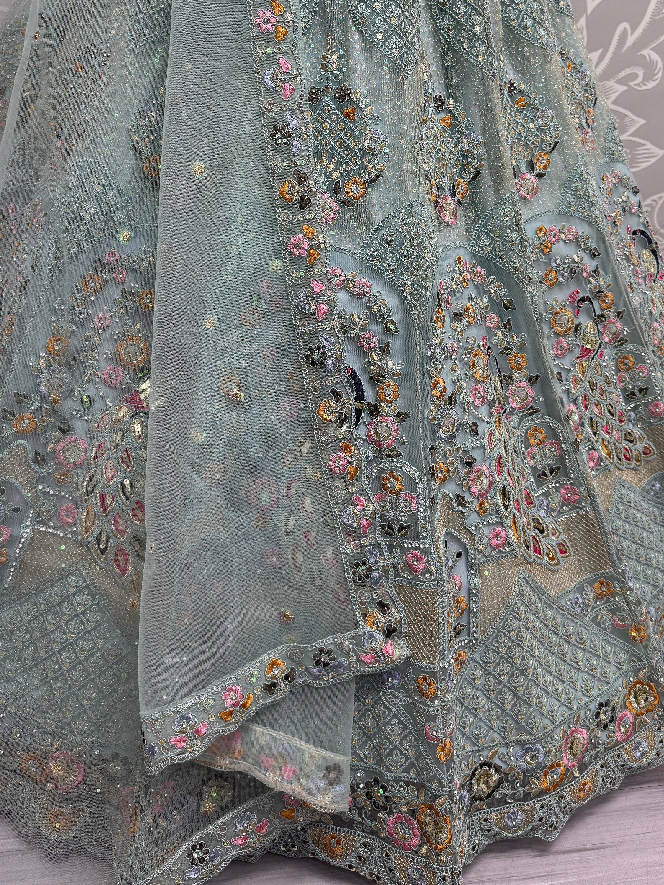 Grey floral embroidered lehenga with sequins and net overlay, Indian ethnic wear