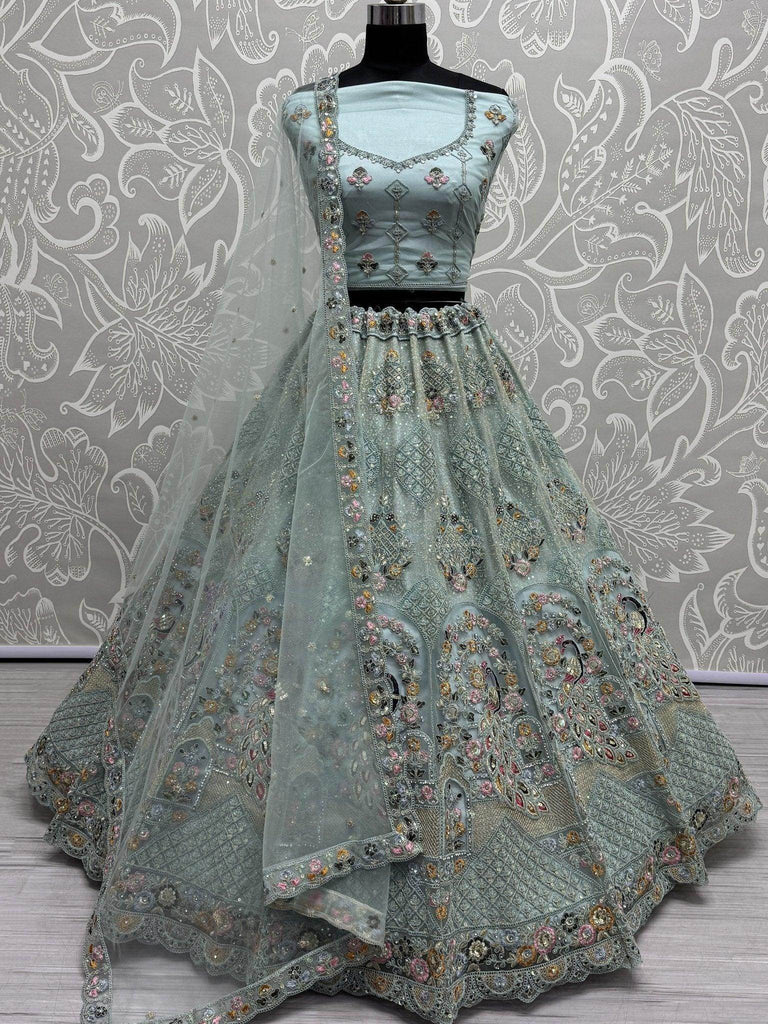 Precious Aqua Blue Sequins Net Bridesmaid Lehenga Choli With Dupatta - Ethnic Plus In