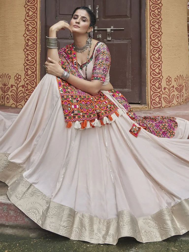 Precious Beige Embroidered Rayon Navratri Lehenga Choli With Dupatta - Ethnic Plus In