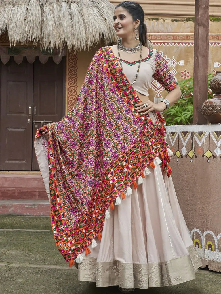 Precious Beige Embroidered Rayon Navratri Lehenga Choli With Dupatta - Ethnic Plus In