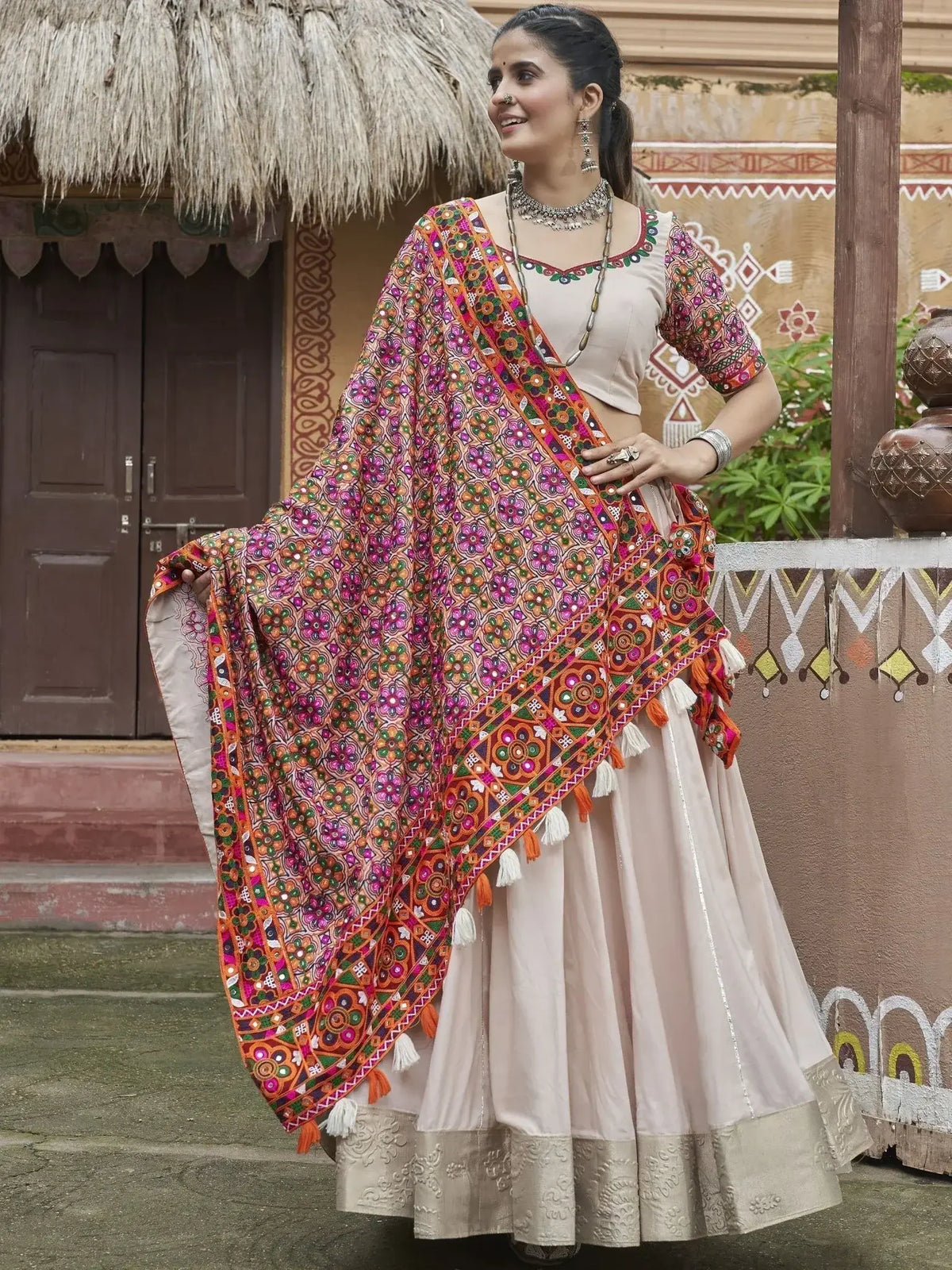 Precious Beige Embroidered Rayon Navratri Lehenga Choli With Dupatta - Ethnic Plus In