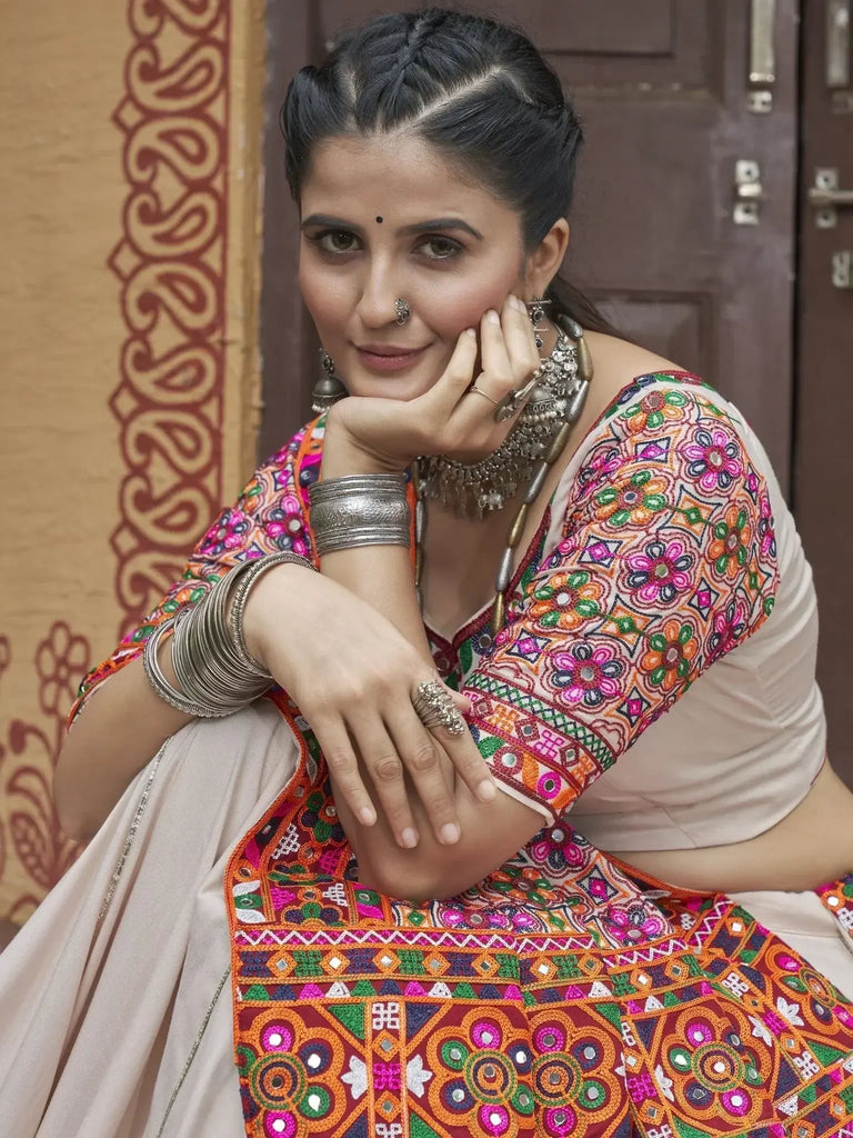 Precious Beige Embroidered Rayon Navratri Lehenga Choli With Dupatta - Ethnic Plus In