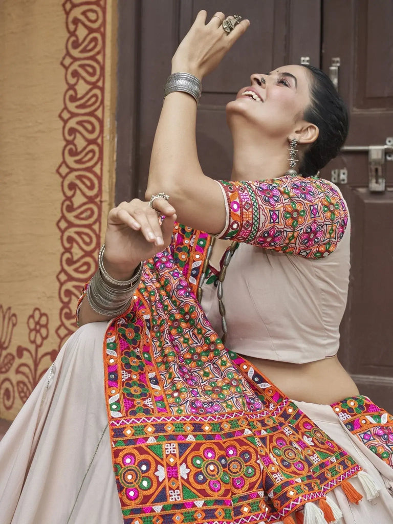 Precious Beige Embroidered Rayon Navratri Lehenga Choli With Dupatta - Ethnic Plus In