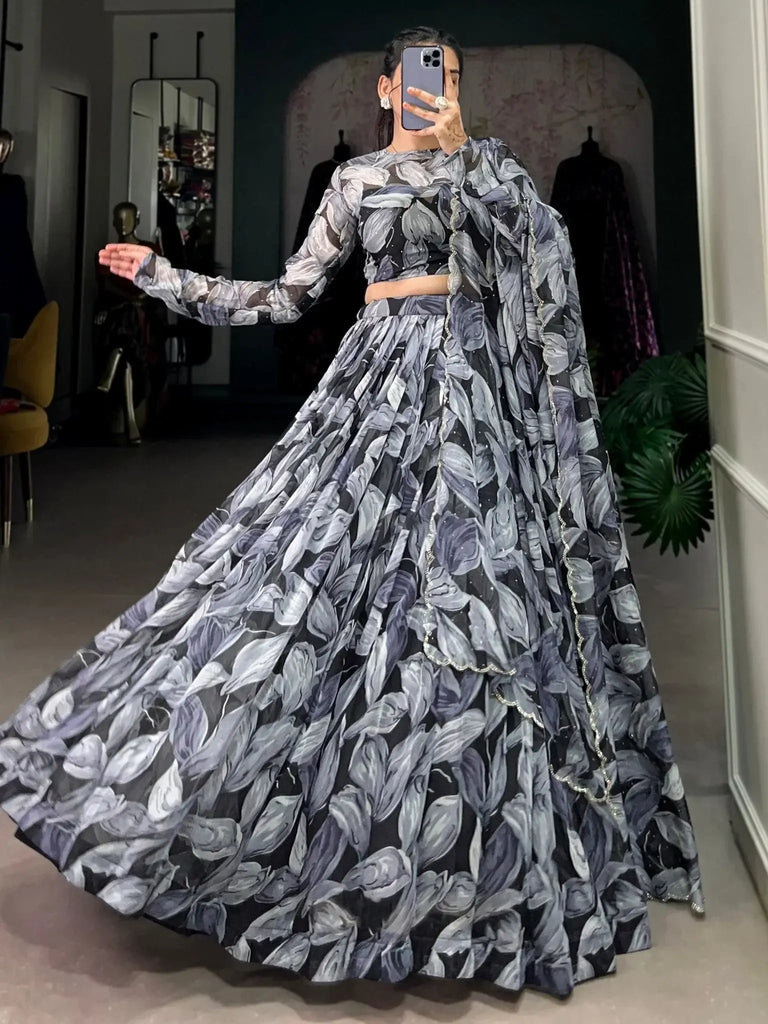 Precious Black Digital Printed Silk Party Wear Lehenga Choli With Dupatta - Ethnic Plus In