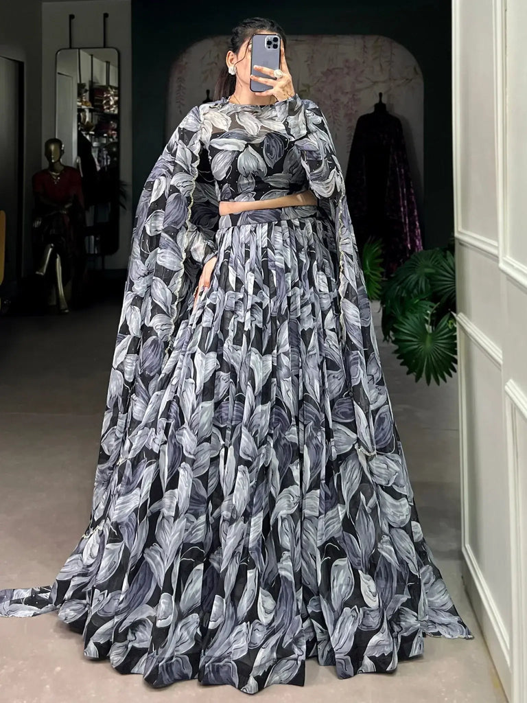 Precious Black Digital Printed Silk Party Wear Lehenga Choli With Dupatta - Ethnic Plus In