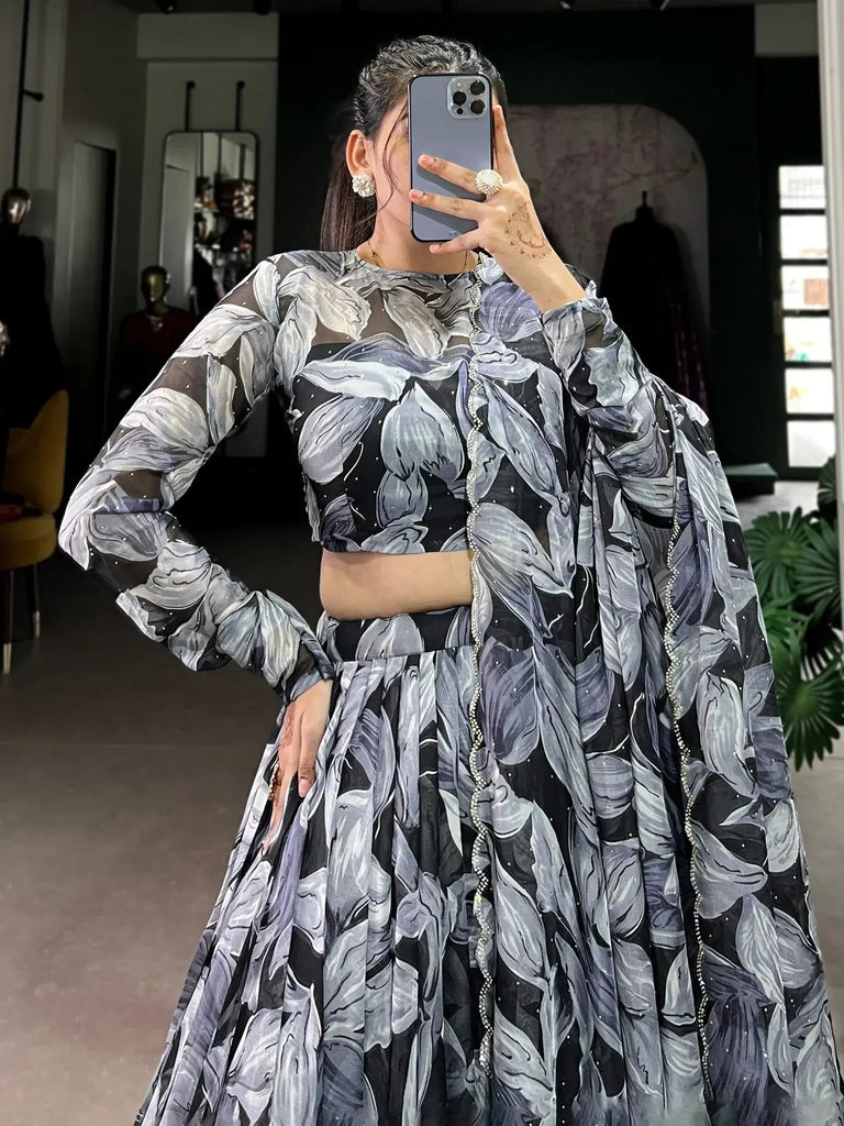 Precious Black Digital Printed Silk Party Wear Lehenga Choli With Dupatta - Ethnic Plus In
