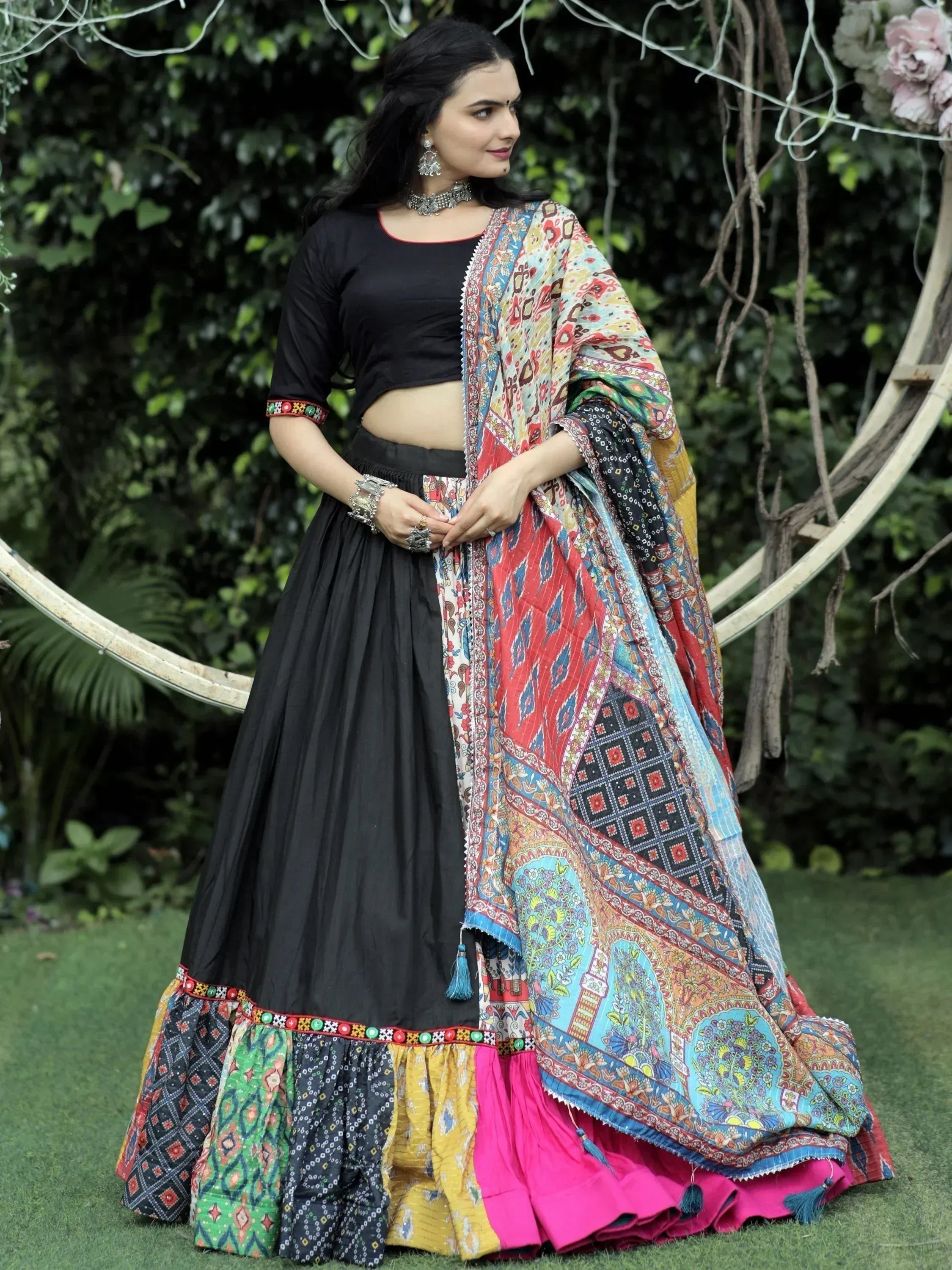 Black crop top with colorful printed dupatta and layered skirt, Indian ethnic wear for women
