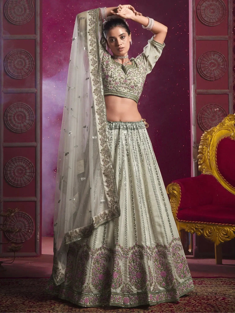Precious Cream Color Embroidered Silk Bridesmaid Lehenga Choli With Dupatta - Ethnic Plus In