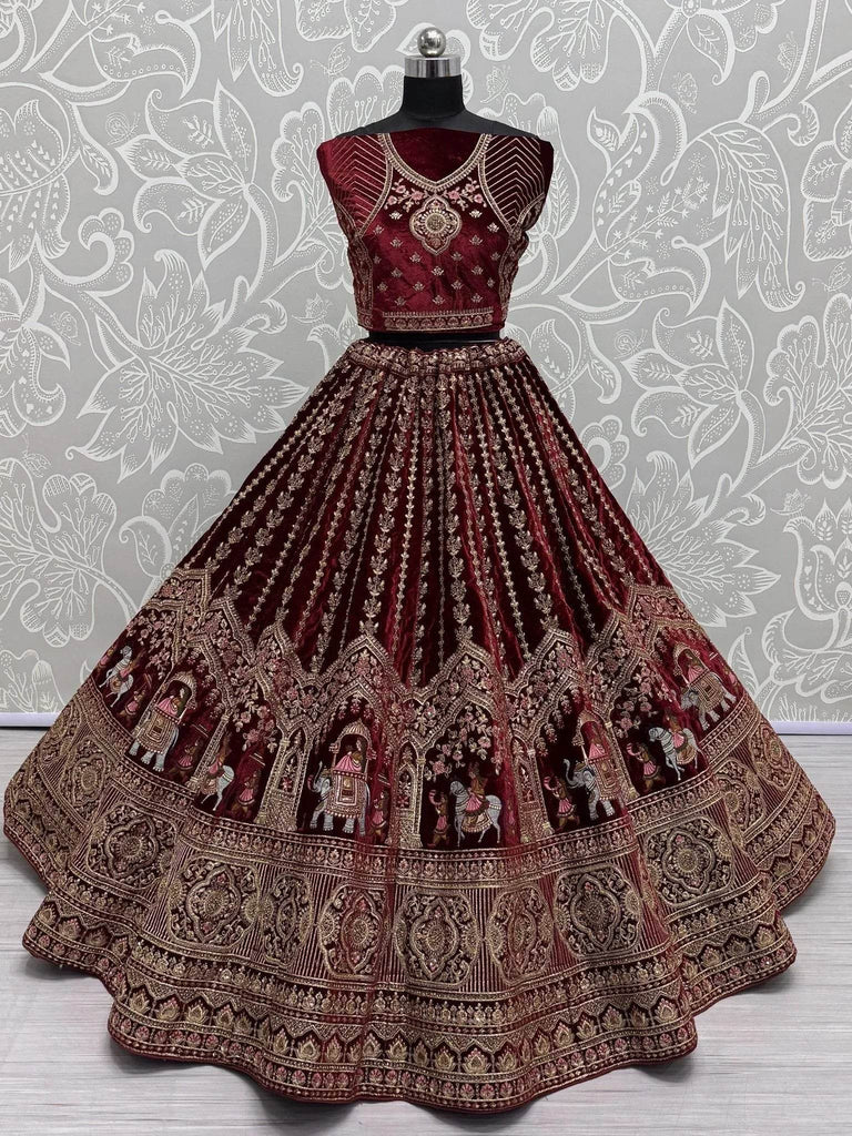 Precious Dark Maroon Velvet Bridal Lehenga Choli With Double Dupatta - Ethnic Plus In