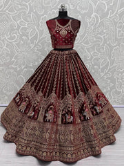 Precious Dark Maroon Velvet Bridal Lehenga Choli With Double Dupatta - Ethnic Plus In