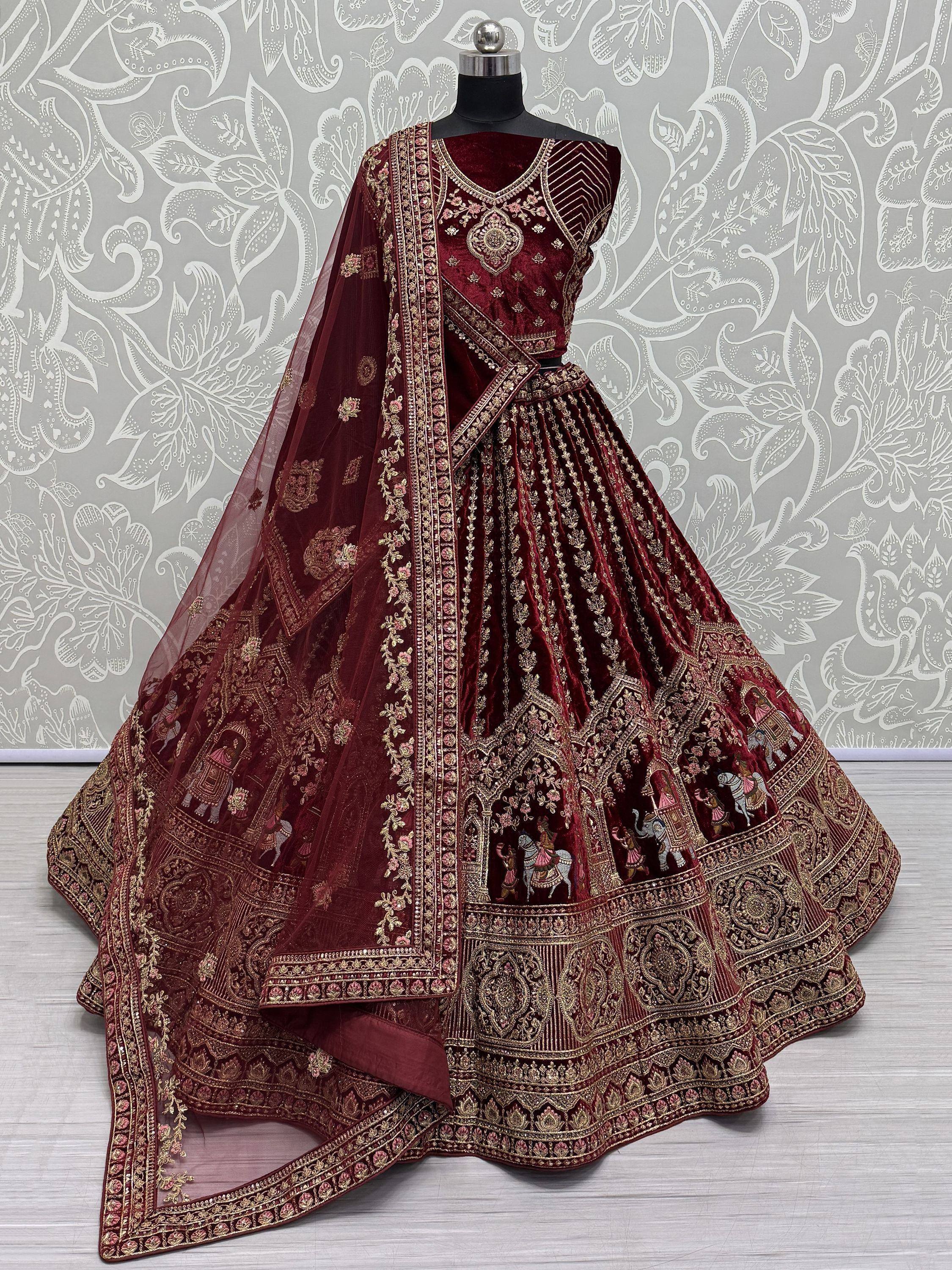 Maroon velvet designer lehenga choli with gold embroidery and sheer dupatta, Indian ethnic wear
