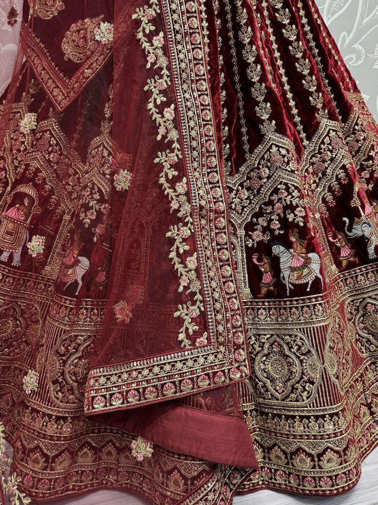 Precious Dark Maroon Velvet Bridal Lehenga Choli With Double Dupatta - Ethnic Plus In
