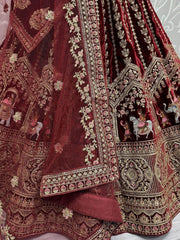 Precious Dark Maroon Velvet Bridal Lehenga Choli With Double Dupatta - Ethnic Plus In