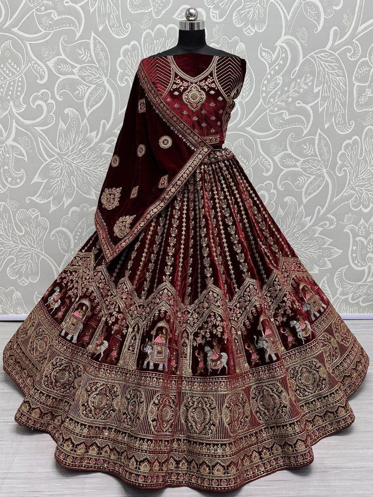Precious Dark Maroon Velvet Bridal Lehenga Choli With Double Dupatta - Ethnic Plus In