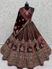 Precious Dark Maroon Velvet Bridal Lehenga Choli With Double Dupatta - Ethnic Plus In