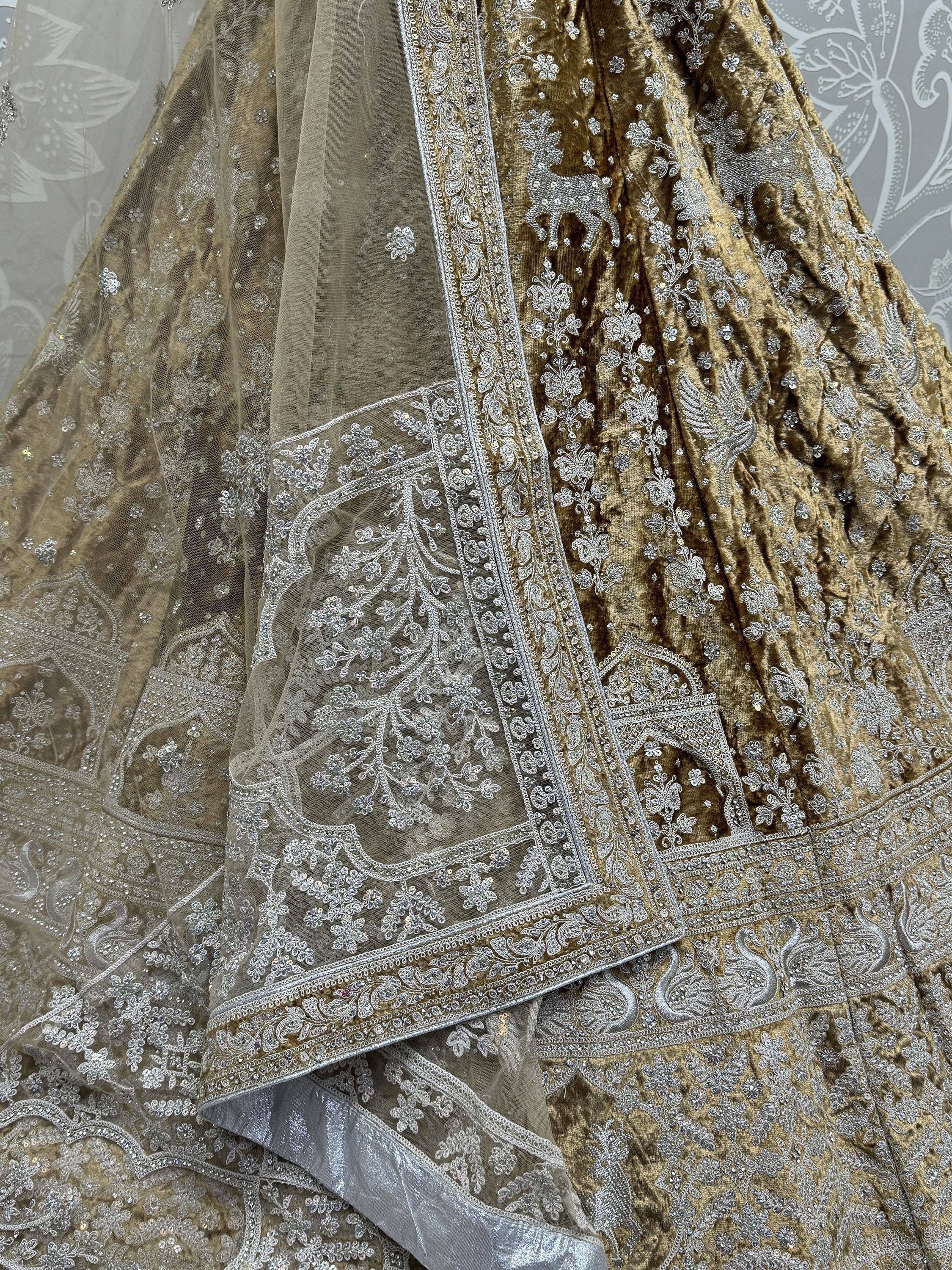 Gold velvet lehenga with silver embroidery and sheer dupatta, Indian ethnic wear