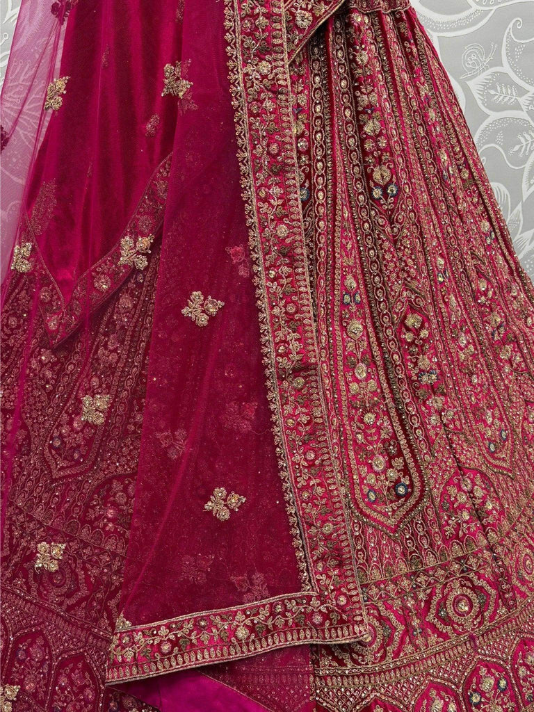 Precious Pink Dori Work Velvet Bridal Lehenga Choli With Double Dupatta - Ethnic Plus In