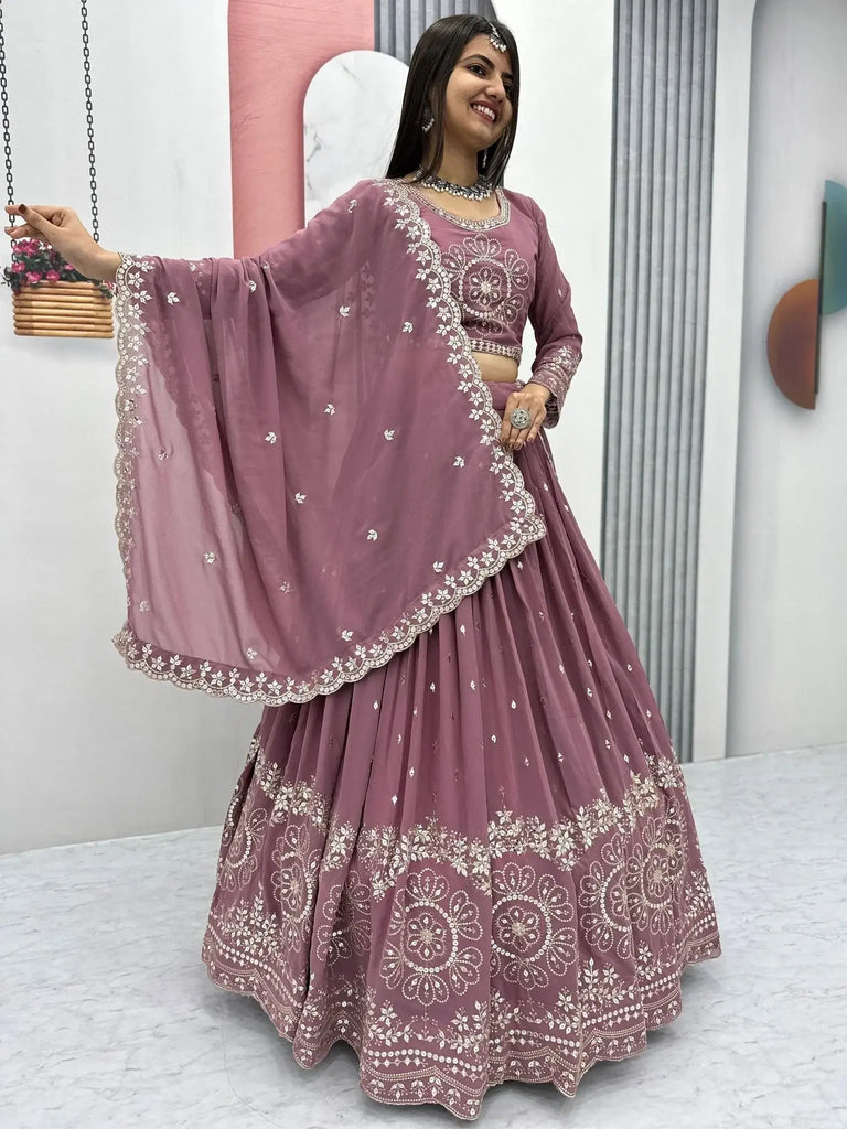 Precious Pink Embroidered Georgette Wedding Lehenga Choli With Dupatta - Ethnic Plus In