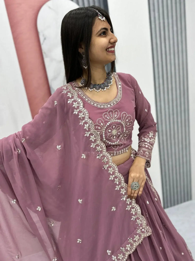 Precious Pink Embroidered Georgette Wedding Lehenga Choli With Dupatta - Ethnic Plus In