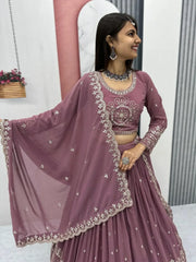 Precious Pink Embroidered Georgette Wedding Lehenga Choli With Dupatta - Ethnic Plus In