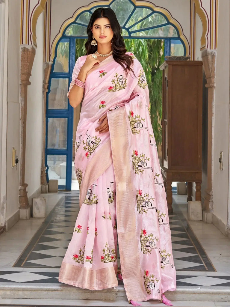 Precious Pink Silk Thread Embroidered Traditional Saree With Blouse - Ethnic Plus In