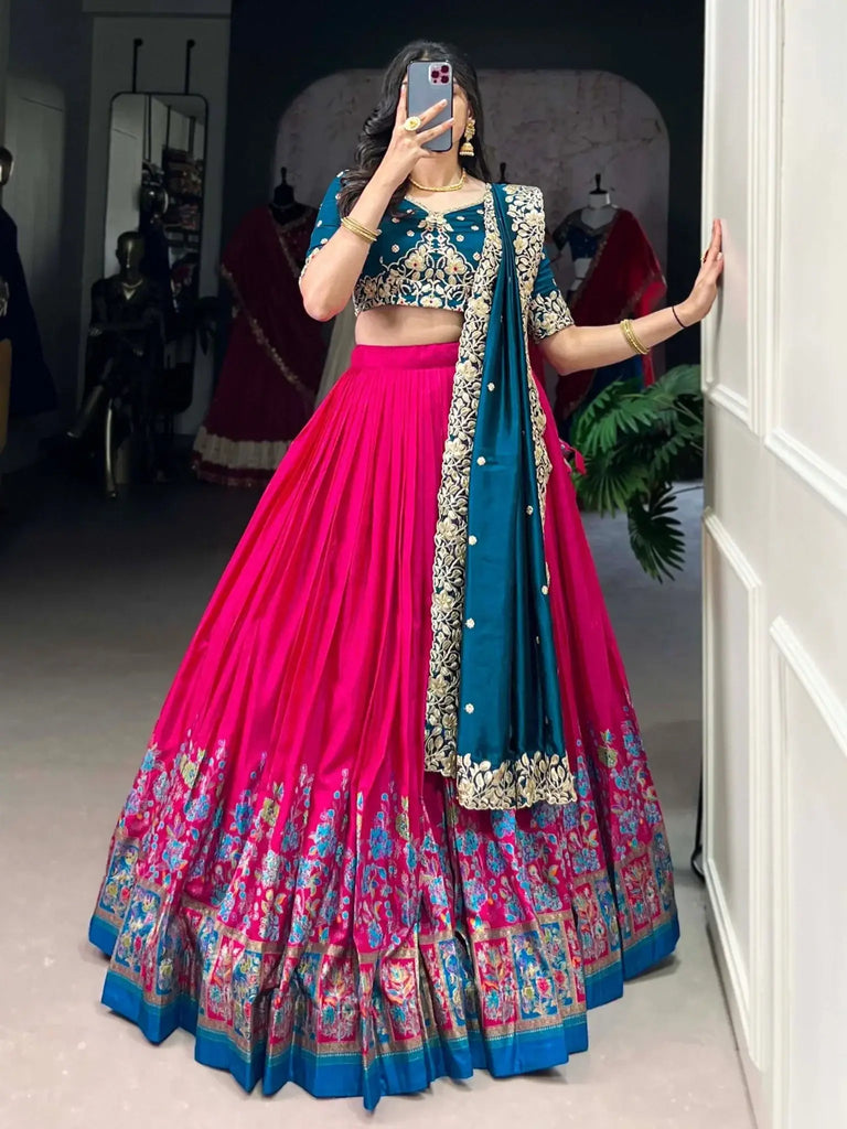 Precious Pink Tussar Silk Foil Work Traditional Lehenga Choli - Ethnic Plus In