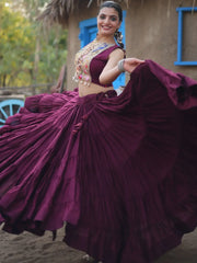 Precious Purple Embroidered Rayon Navratri Lehenga Choli With Koti - Ethnic Plus In