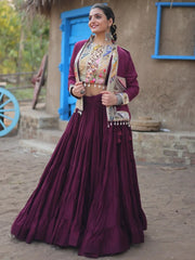 Precious Purple Embroidered Rayon Navratri Lehenga Choli With Koti - Ethnic Plus In