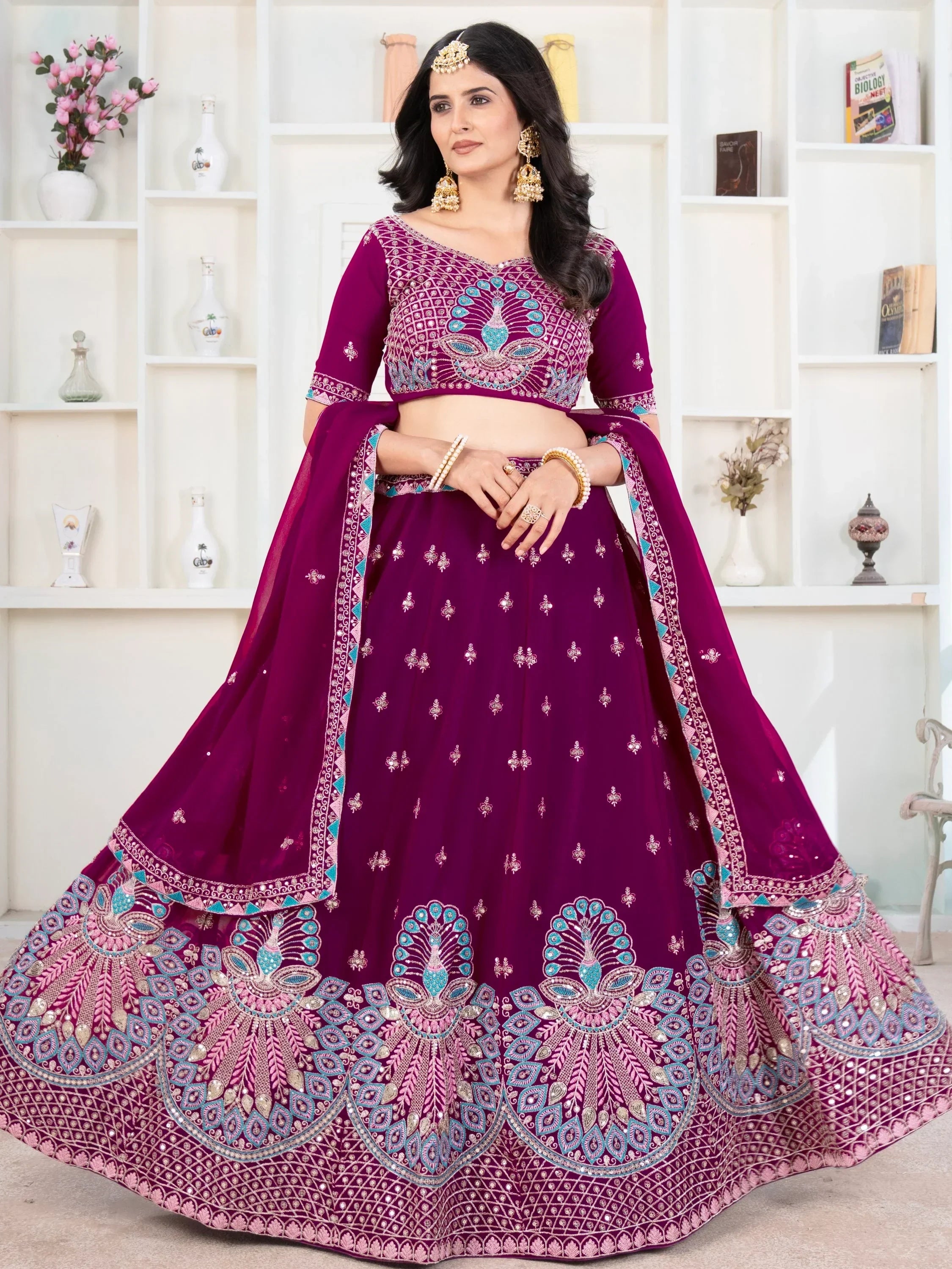 Purple designer lehenga choli with peacock embroidery, perfect for Indian weddings and festive occasions