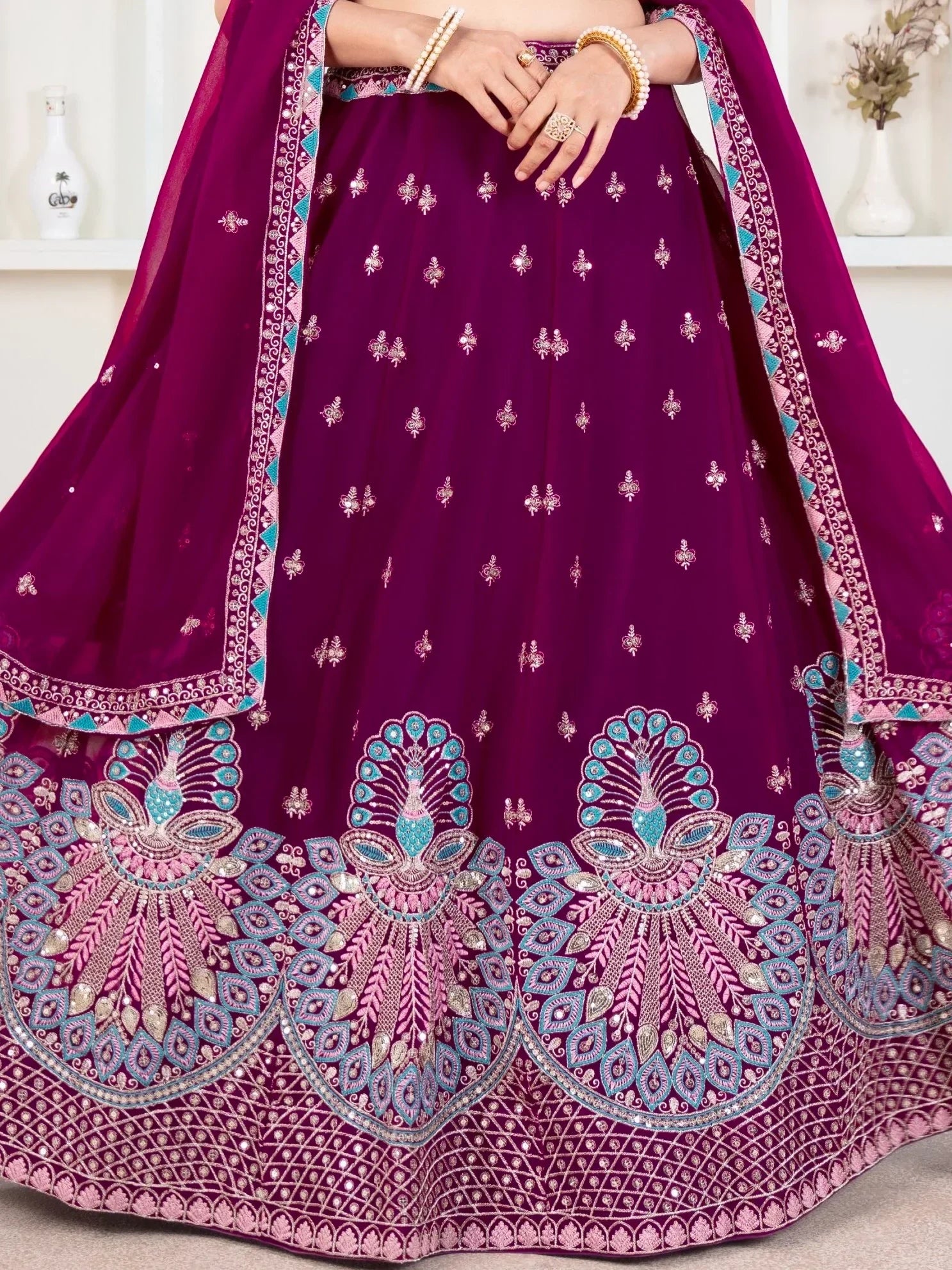 Purple lehenga choli with peacock embroidery, perfect for Indian weddings and festive occasions