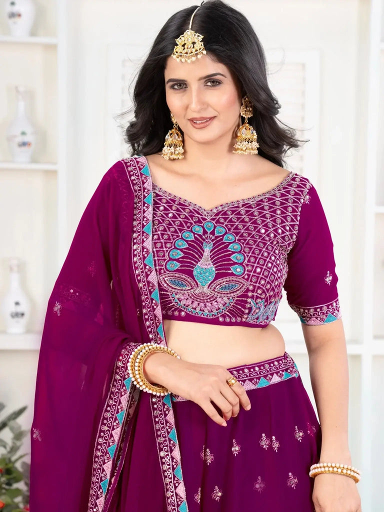 Precious Purple Thread Work Georgette Lehenga Choli With Dupatta - Ethnic Plus In