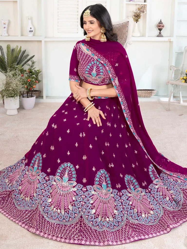 Precious Purple Thread Work Georgette Lehenga Choli With Dupatta - Ethnic Plus In