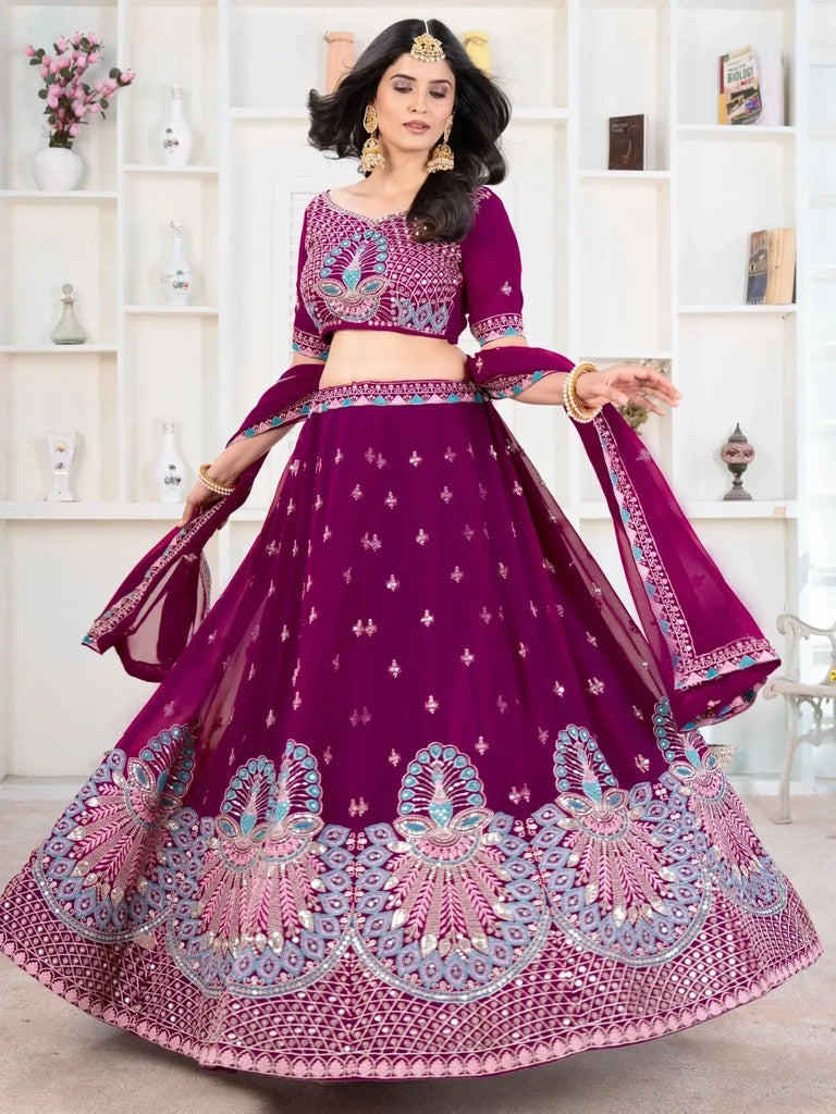 Precious Purple Thread Work Georgette Lehenga Choli With Dupatta - Ethnic Plus In