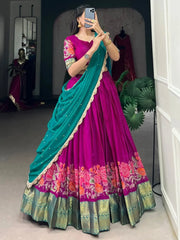 Precious Rani Pink Embroidered Cotton Event Wear Half Saree Lehenga - Ethnic Plus In