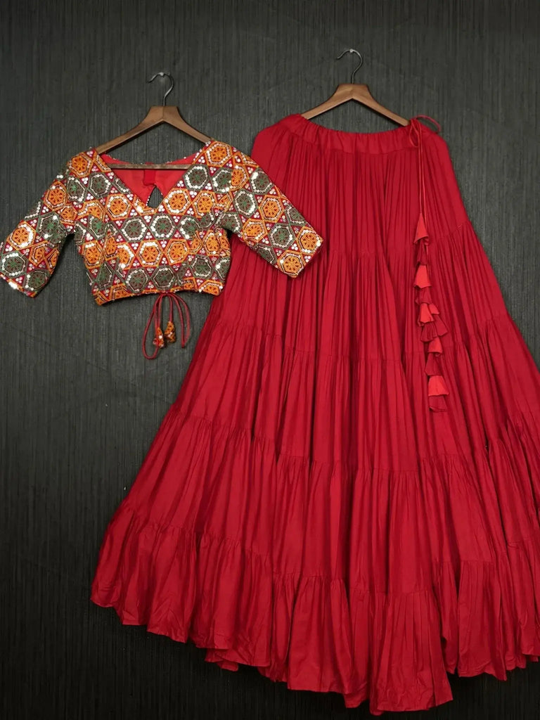 Precious Red Embroidered Rayon Navratri Lehenga Choli - Ethnic Plus In