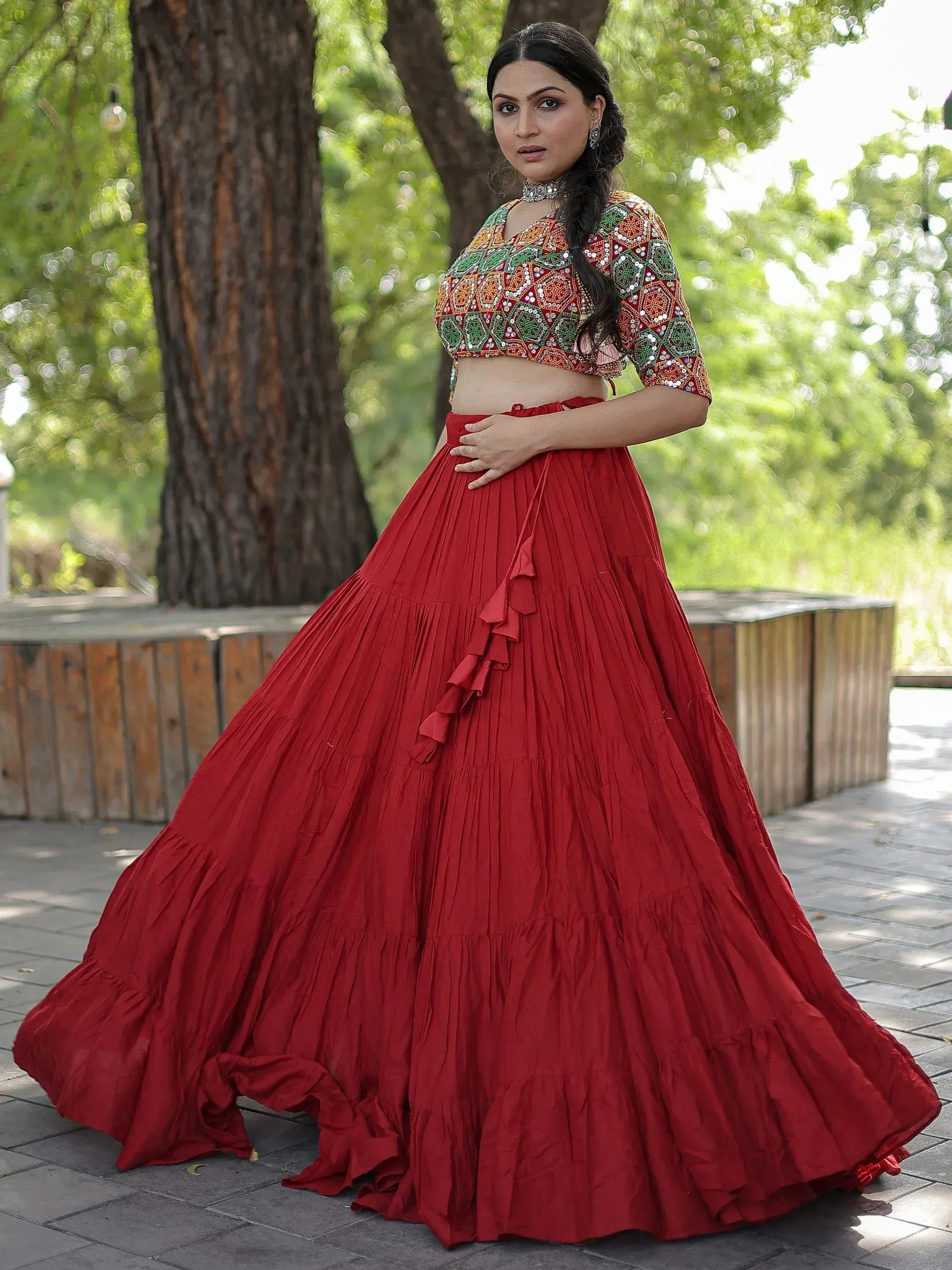 Red pleated lehenga with embroidered crop top, Indian ethnic wear for women