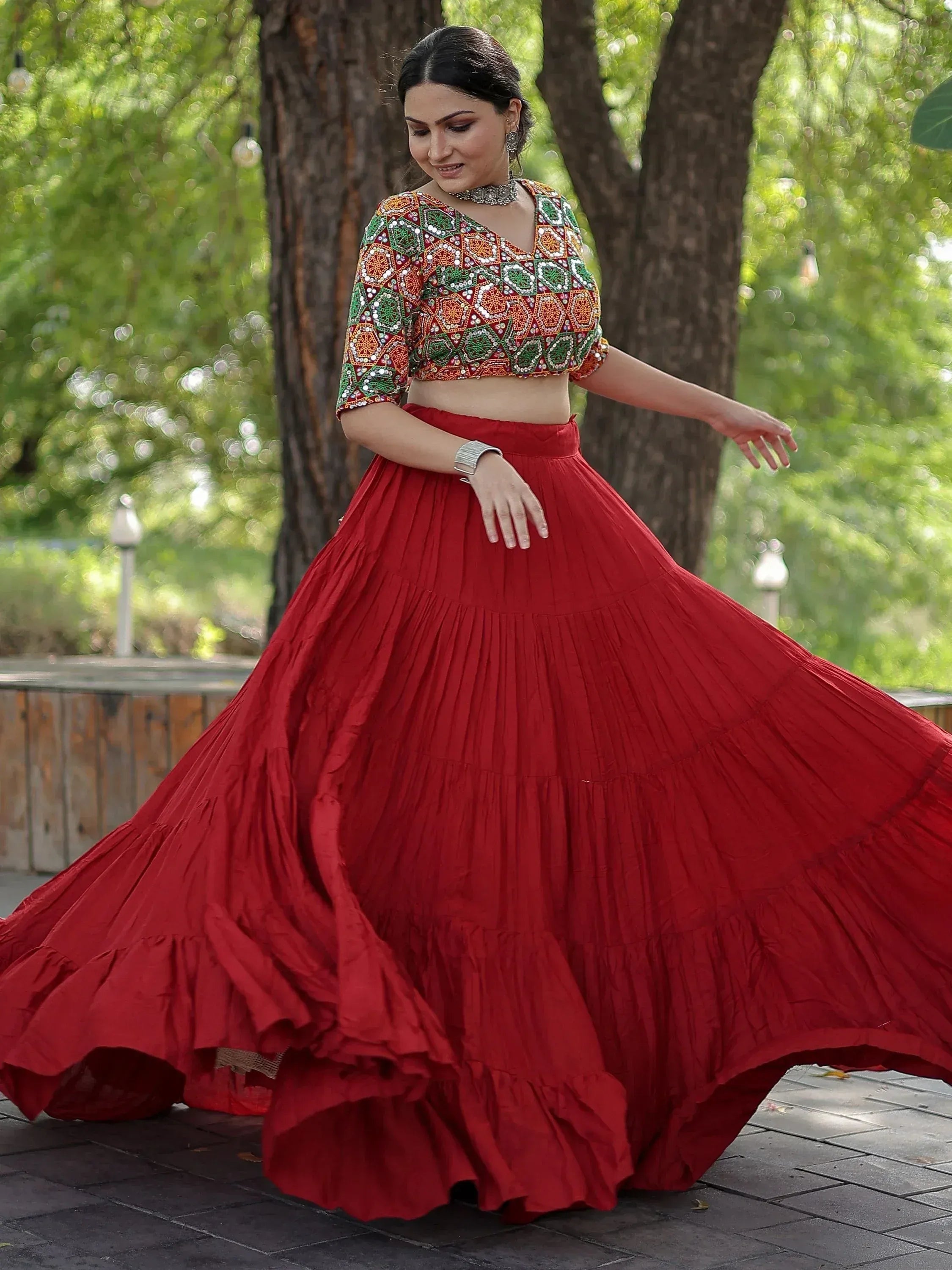 Red pleated lehenga with embroidered multicolor crop top, Indian ethnic wear for women