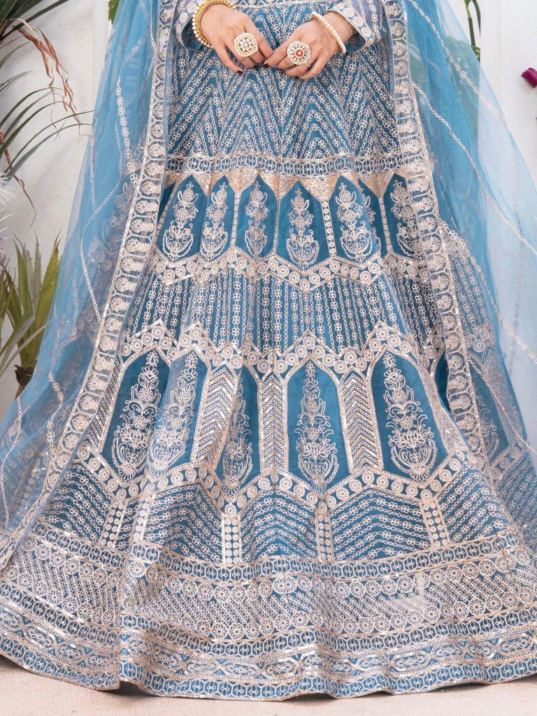 Precious Sky - Blue Sequins Net Engagement Wear Lehenga Choli With Dupatta - Ethnic Plus In